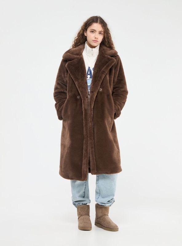 Long faux fur coat with collar and lapels dark brown