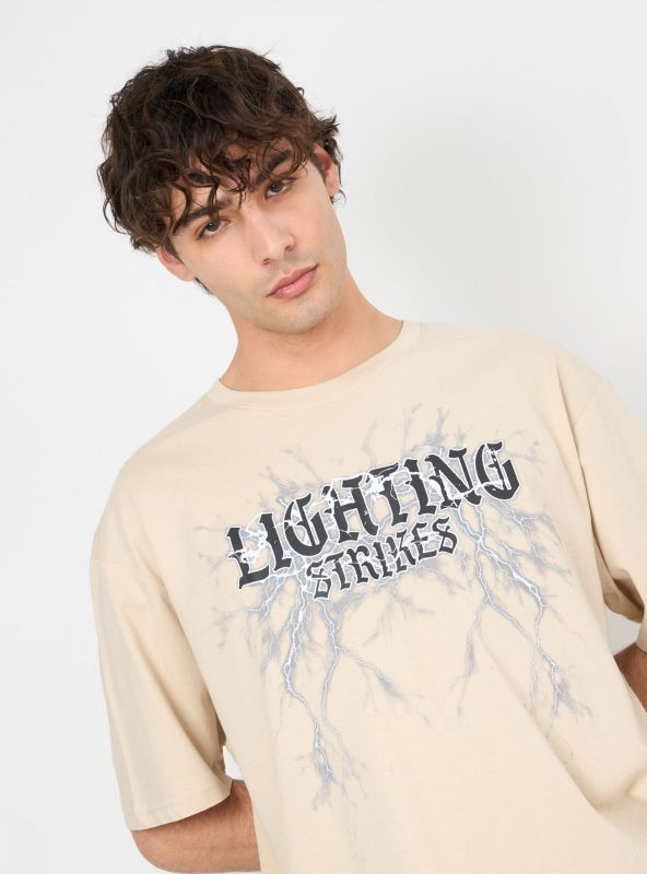 T-shirt with "Lightning" print and lettering, beige