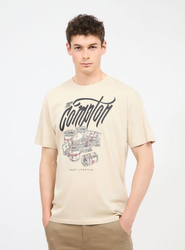 T-shirt with dollars print beige