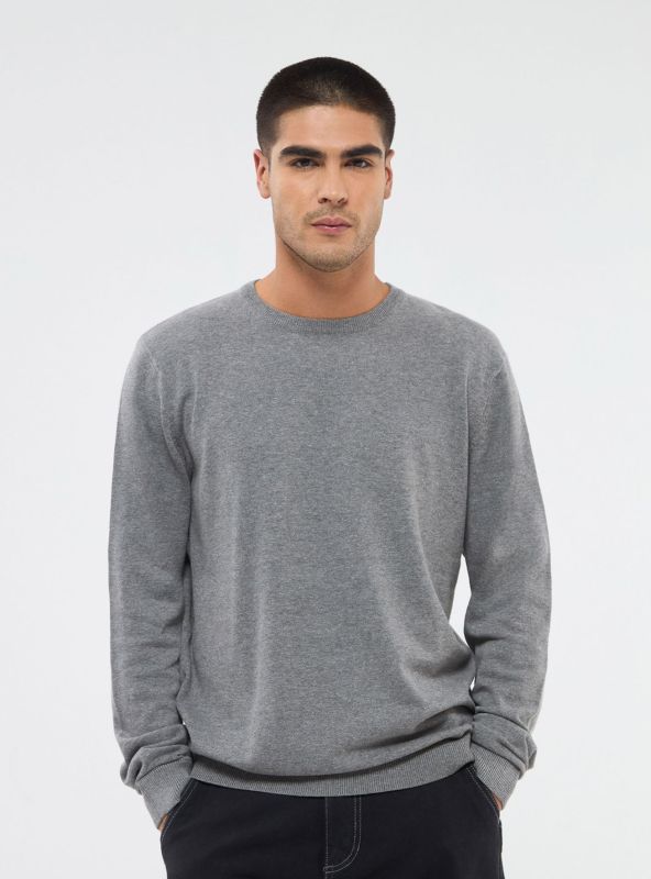 Plain cotton crewneck jumper, gray melange