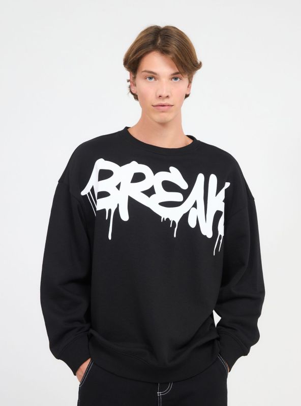 Oversized Crew Neck Sweatshirt with Graffiti Print Black