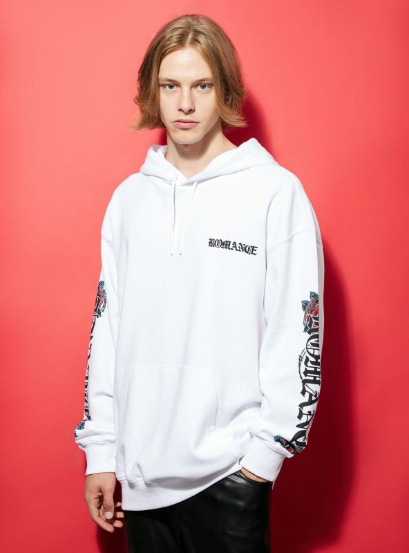 Sweatshirt with Gothic style lettering and hood white