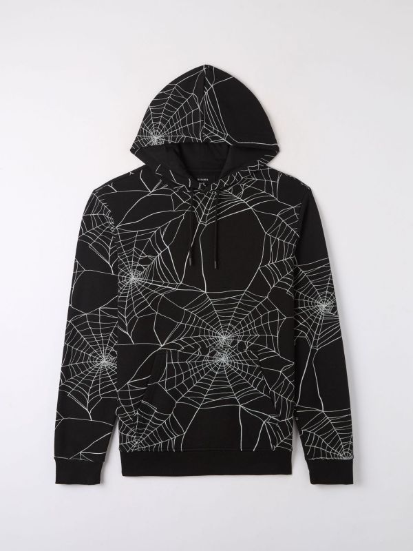 Sweatshirt with spider web print and hood, black