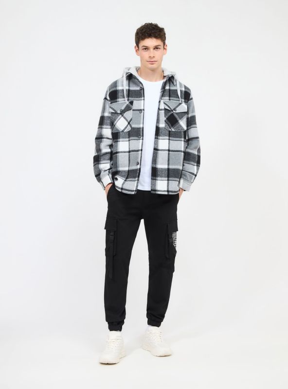 Checkered shirt-jacket with hood, gray