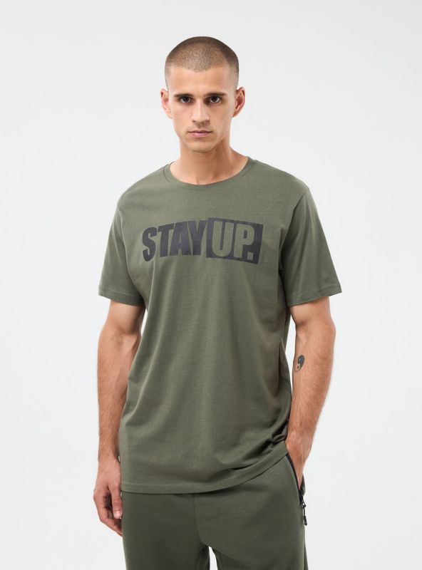 T-shirt with round neckline and olive text
