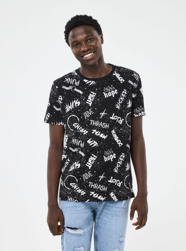 T-shirt with all-over graffiti print black