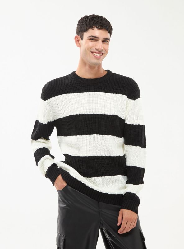 Striped jumper, knitted with English rib, black