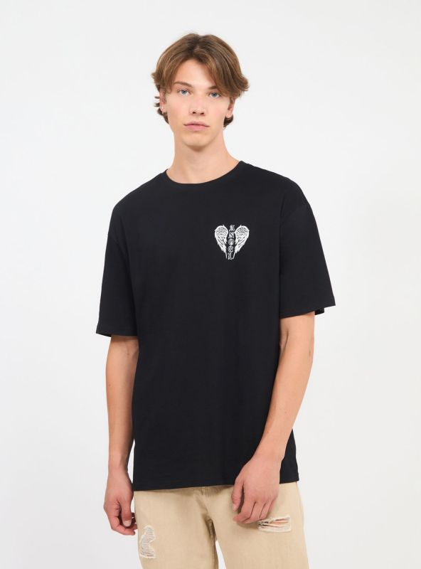 Loose T-Shirt with Front and Back Wings Print Black