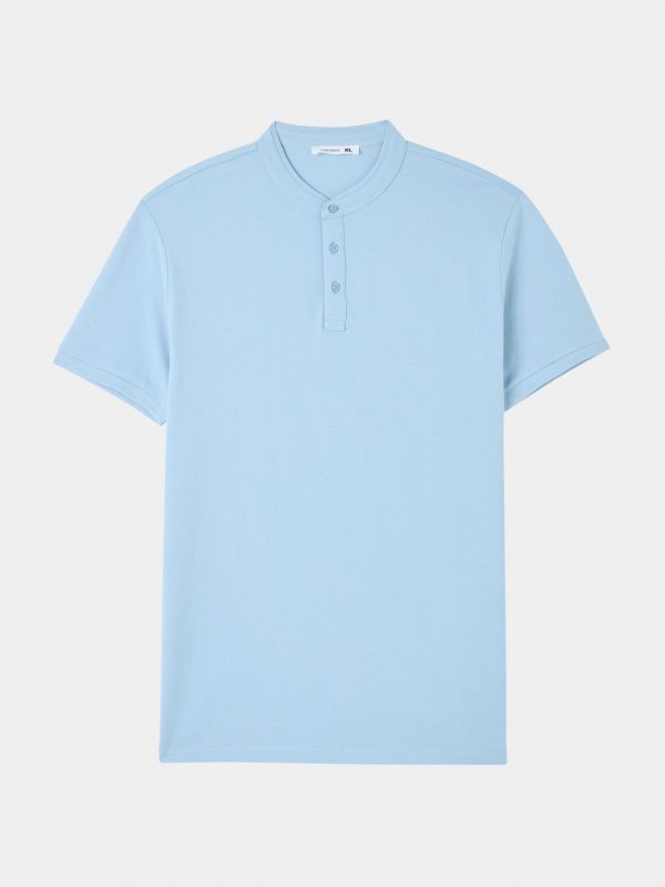T-shirt with button placket and stand-up collar blue