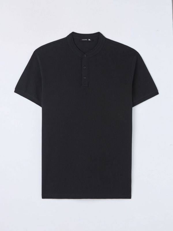 T-shirt with button placket and stand-up collar black
