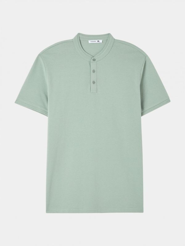 T-shirt with button placket and stand collar olive