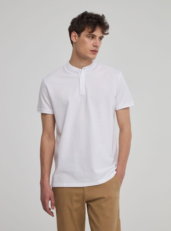 T-shirt with button placket and stand-up collar white