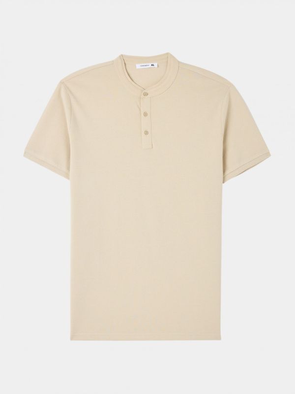 T-shirt with button placket and stand-up collar beige
