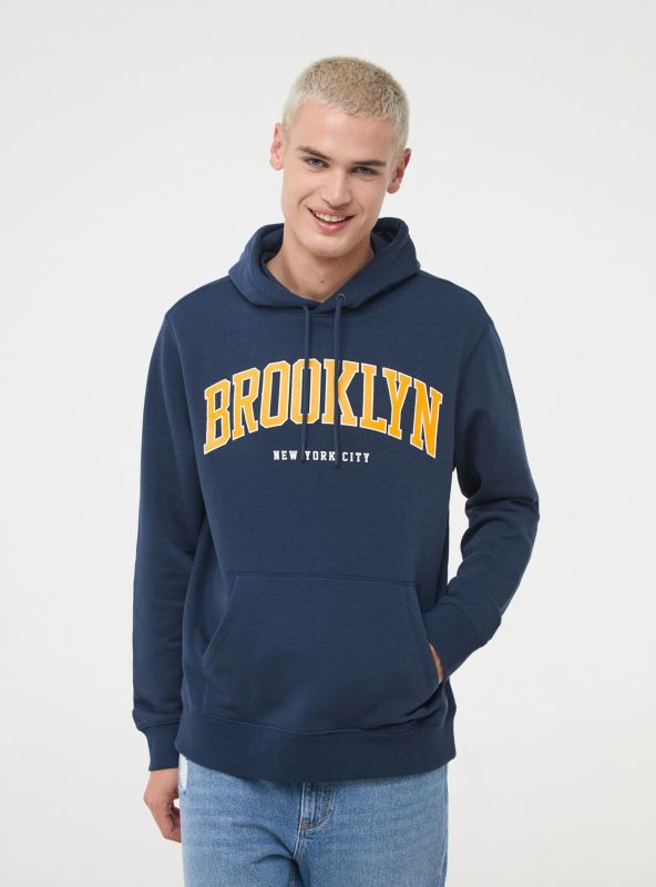 Plain hooded sweatshirt with sports print blue
