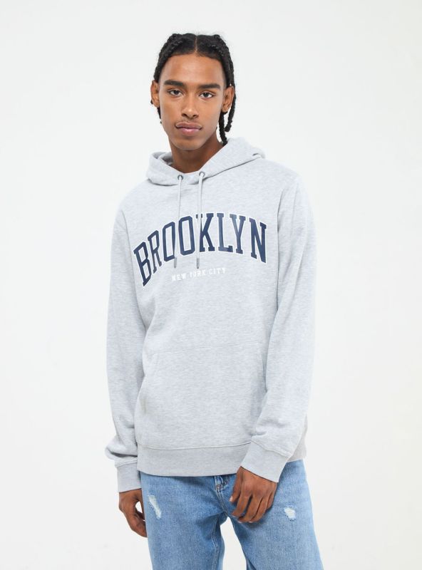 Plain hooded sweatshirt with sports print light gray melange