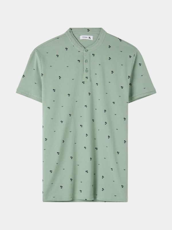 T-shirt with button placket in micropatterns green